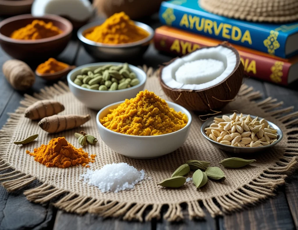 Flat lay of sattvic ingredients with Ayurvedic herbs and pulses