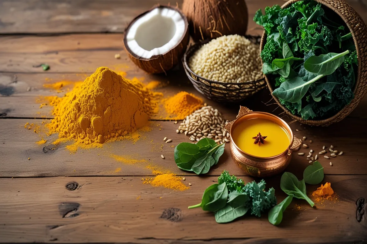 Healing sattvic ingredients like turmeric, lentils, and spices arranged on a rustic wooden table