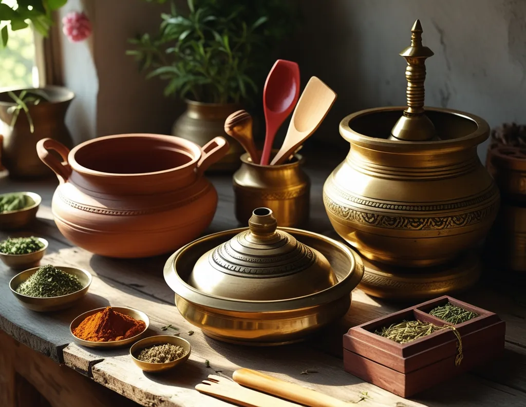 Clay pot, brass kadai, and Ayurvedic tools in kitchen