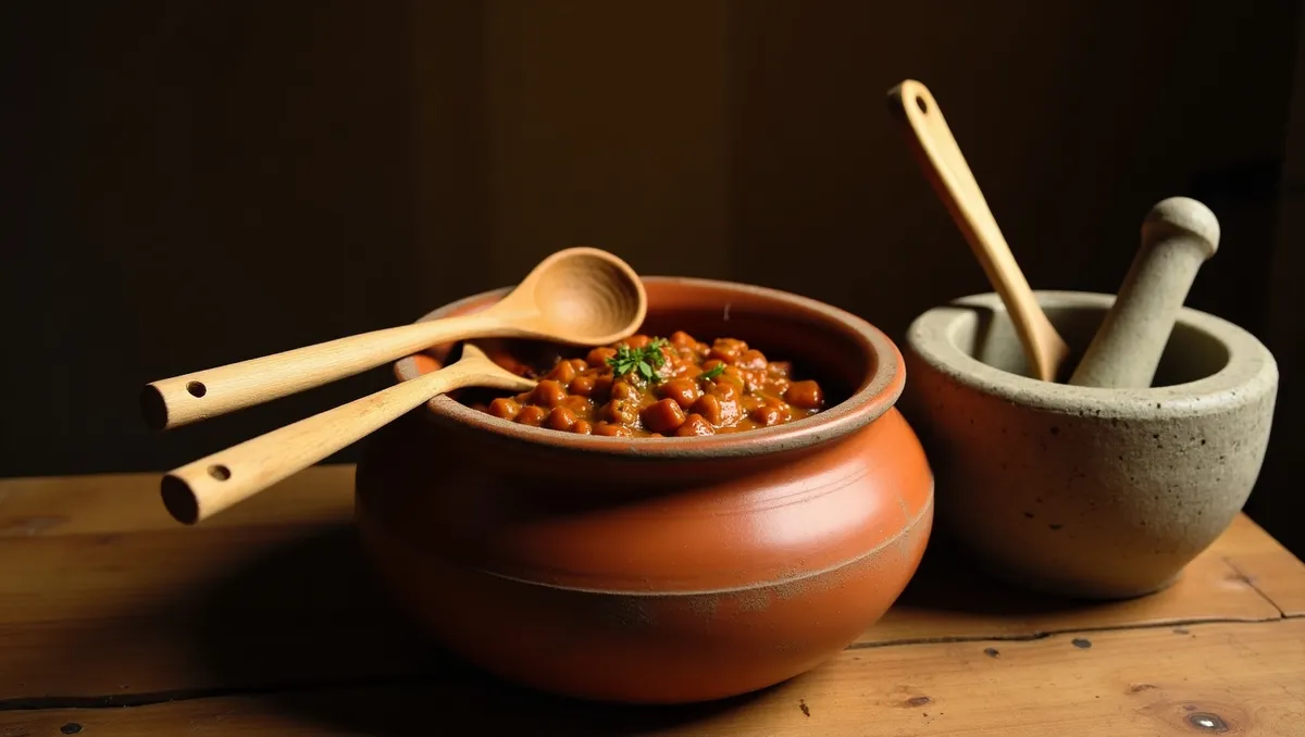 Ayurvedic kitchen tools including a wooden mortar and pestle with lentils and spices