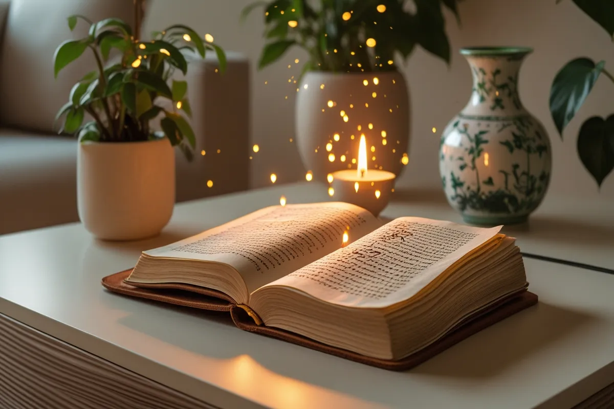 Man reading ancient scripture on wooden platform in his room