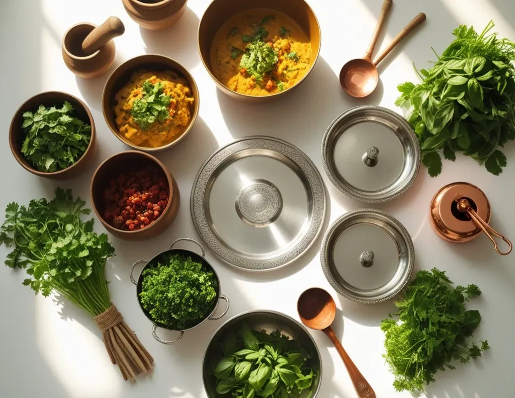 Clean sattvic lifestyle diet meal prep with herbs, bowls, and kitchen tools