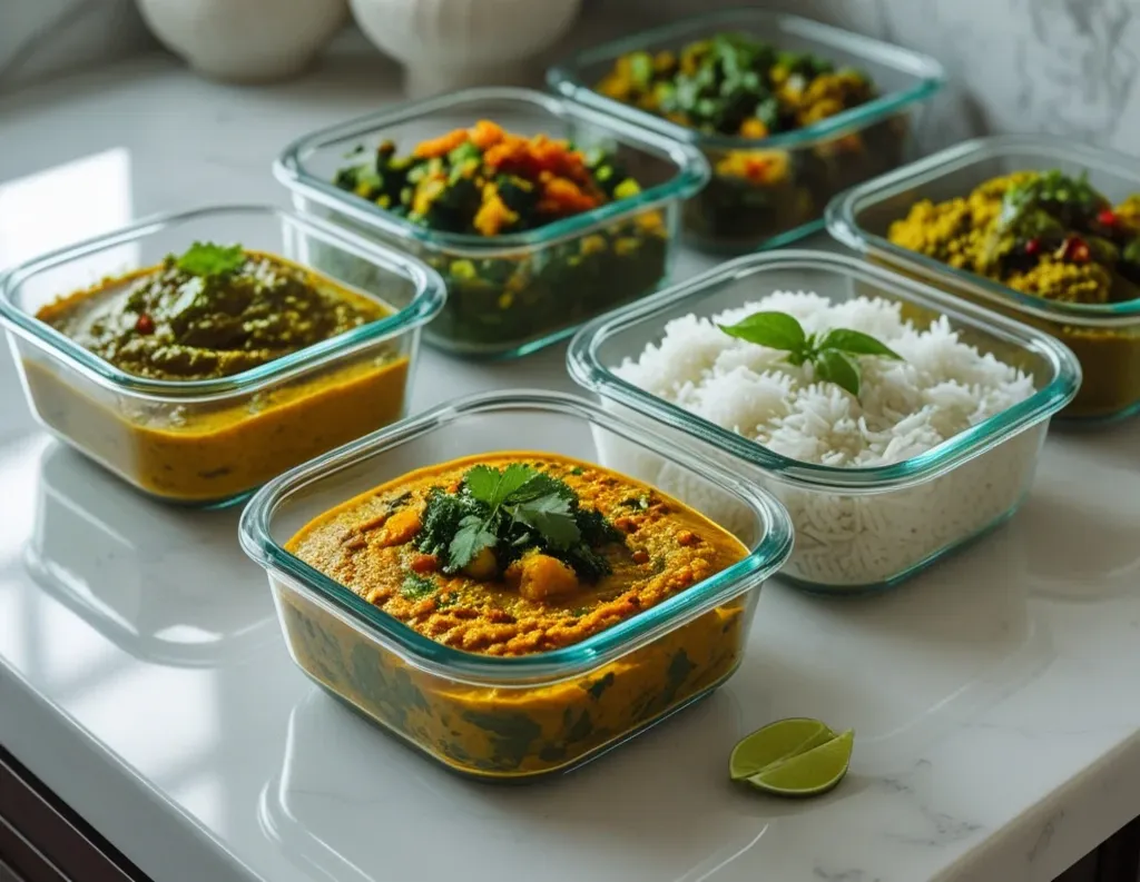 Batch-prepped sattvic thalis stored in glass containers