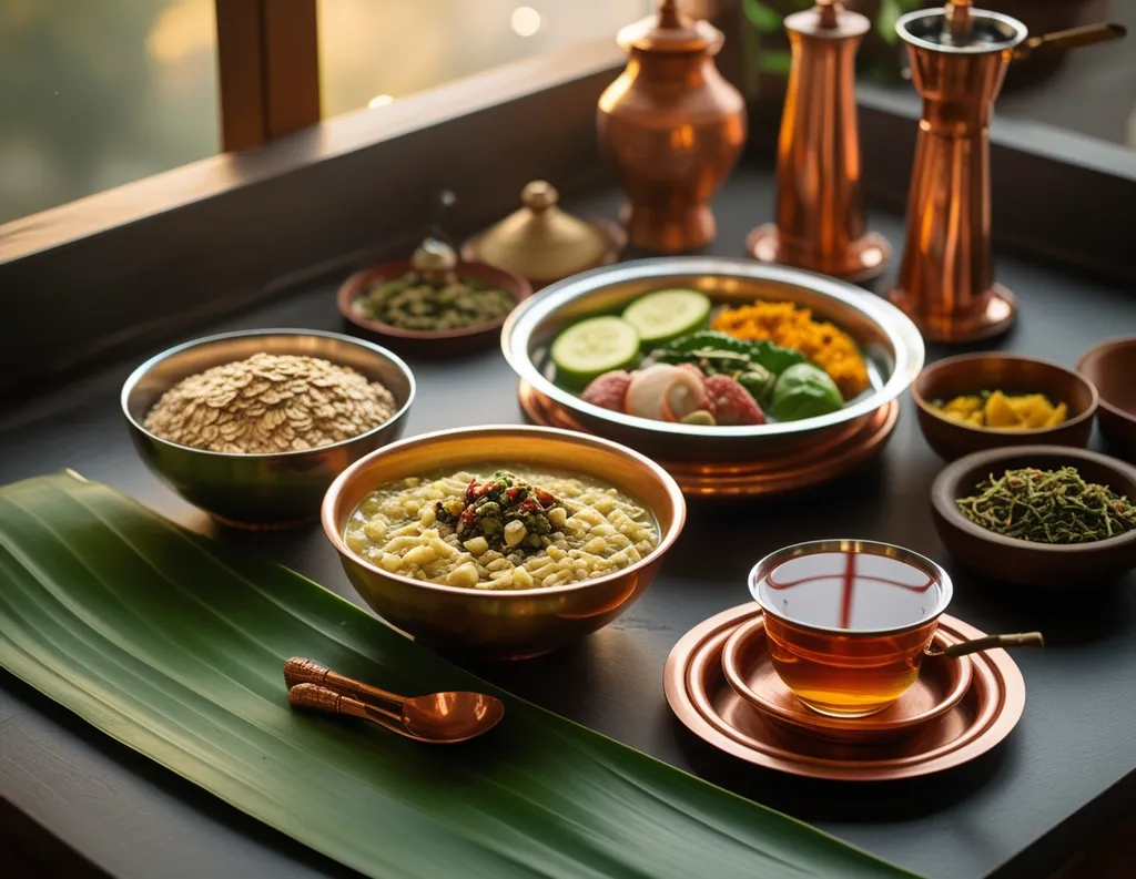 Breakfast, lunch, and tea sattvic meals arranged on wooden trays
