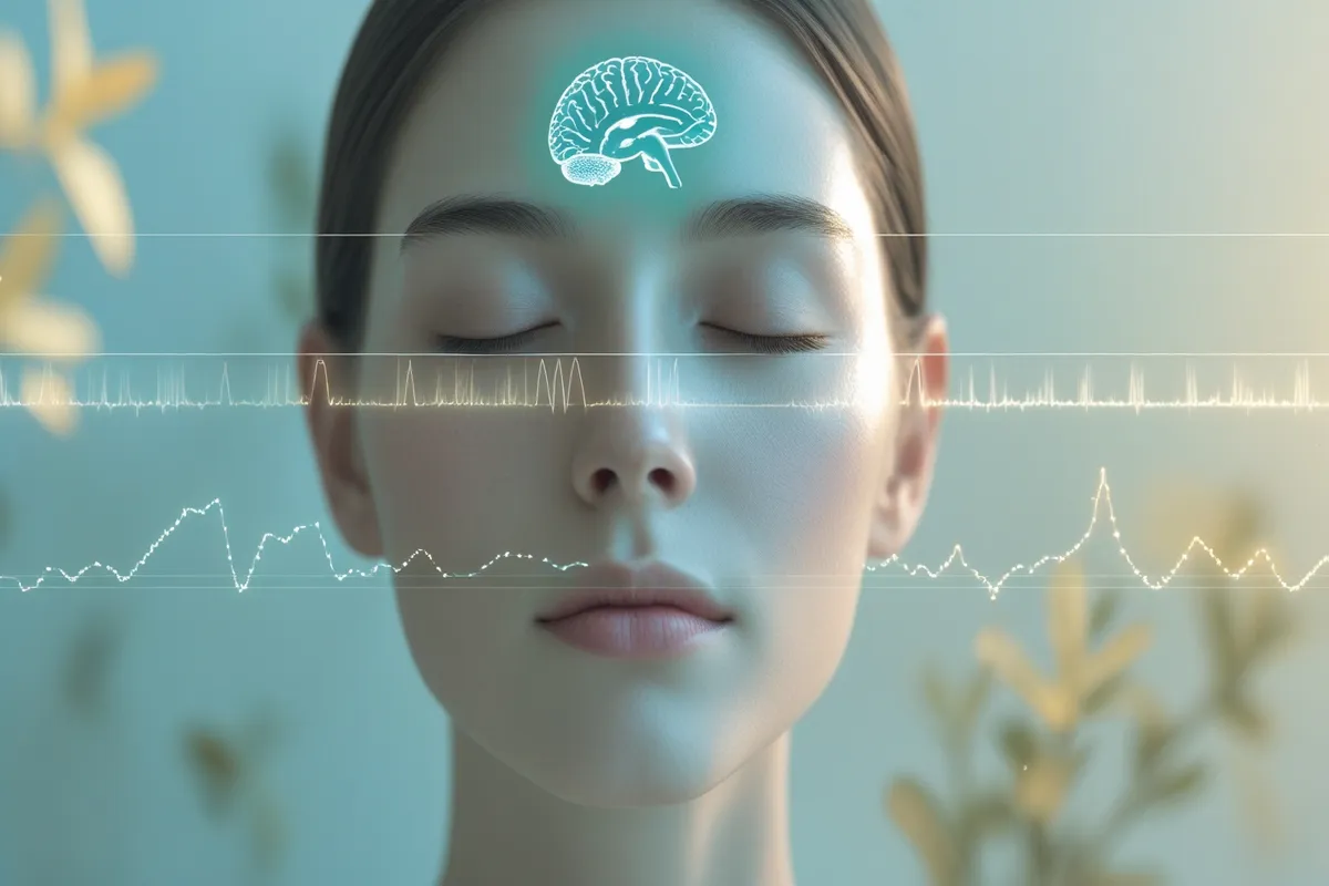 Woman with light aura on forehead meditating in futuristic background