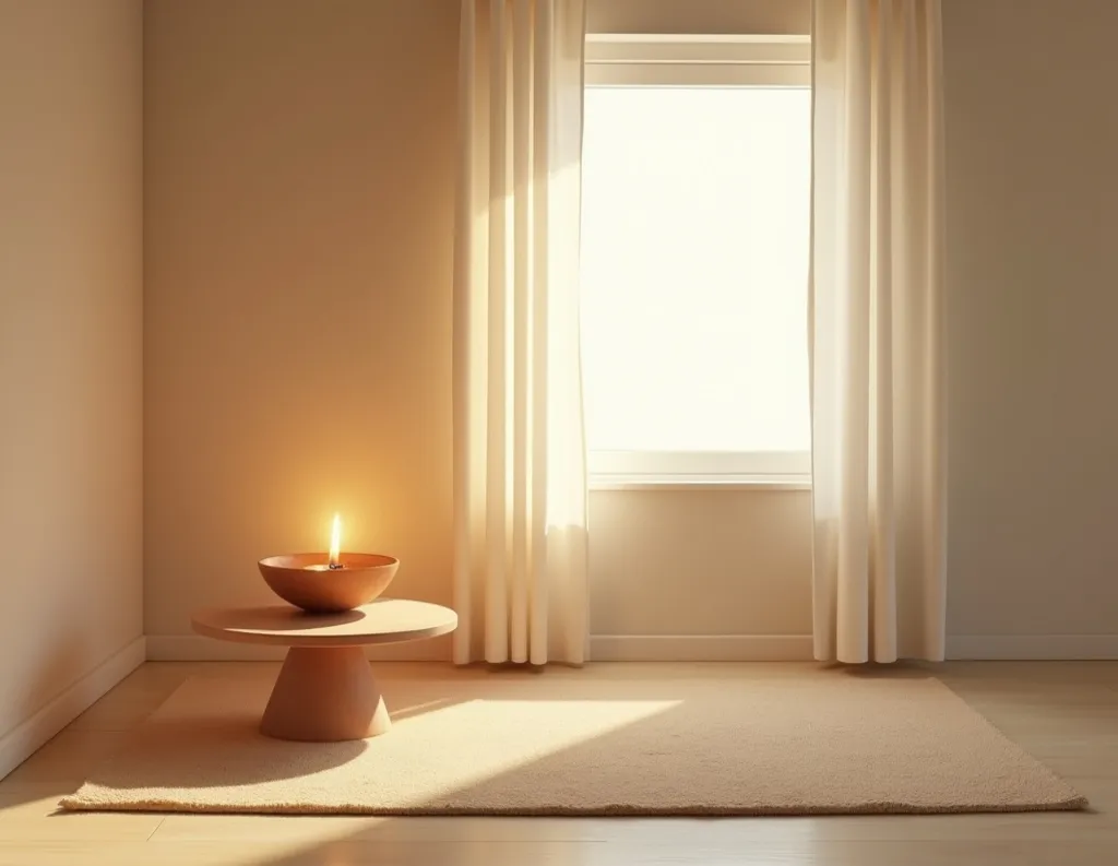 Serene room with clay lamp showing sattvic simplicity