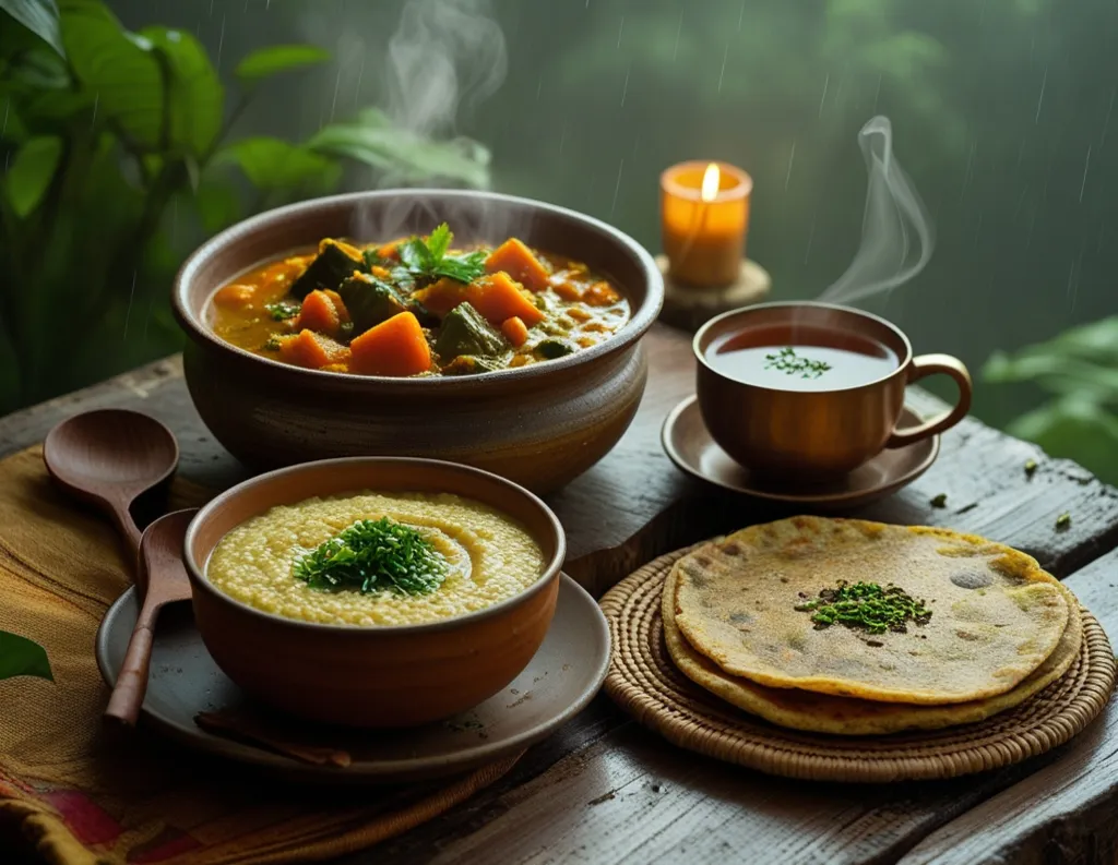 Ginger tea, vegetable stew, ragi porridge, and ajwain paratha served in rustic style for monsoon digestion.