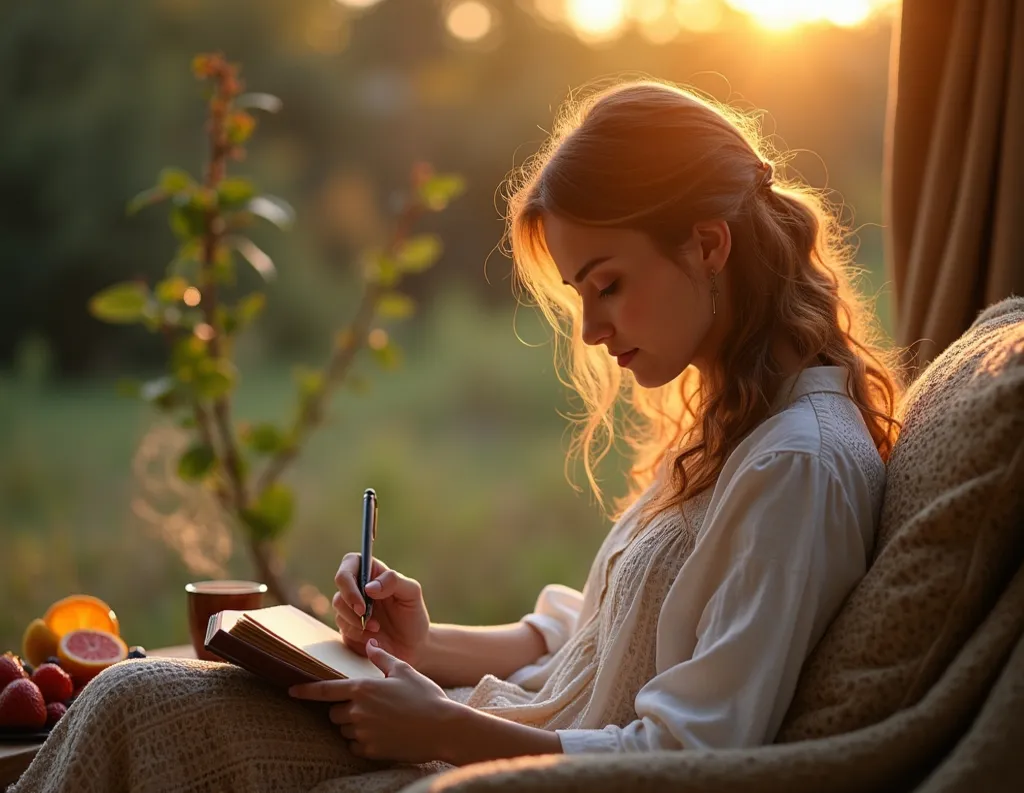 Peaceful journaling ritual in sattvic morning setting