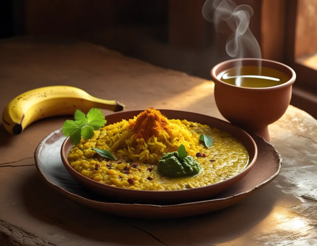 Sattvic wellness recipes with khichdi, tulsi tea, mint chutney, and banana