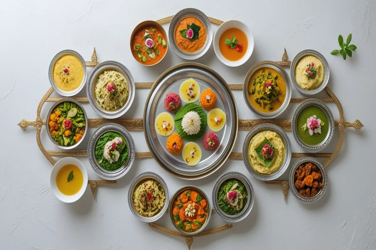 Variety of sattvic dishes arranged in a circular thali for breakfast, lunch, dinner, and dessert