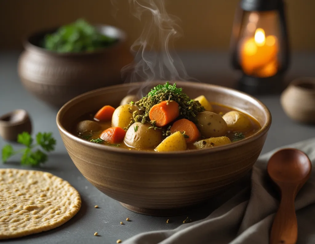 Sattvic dinner with warm vegetable stew and millet flatbread