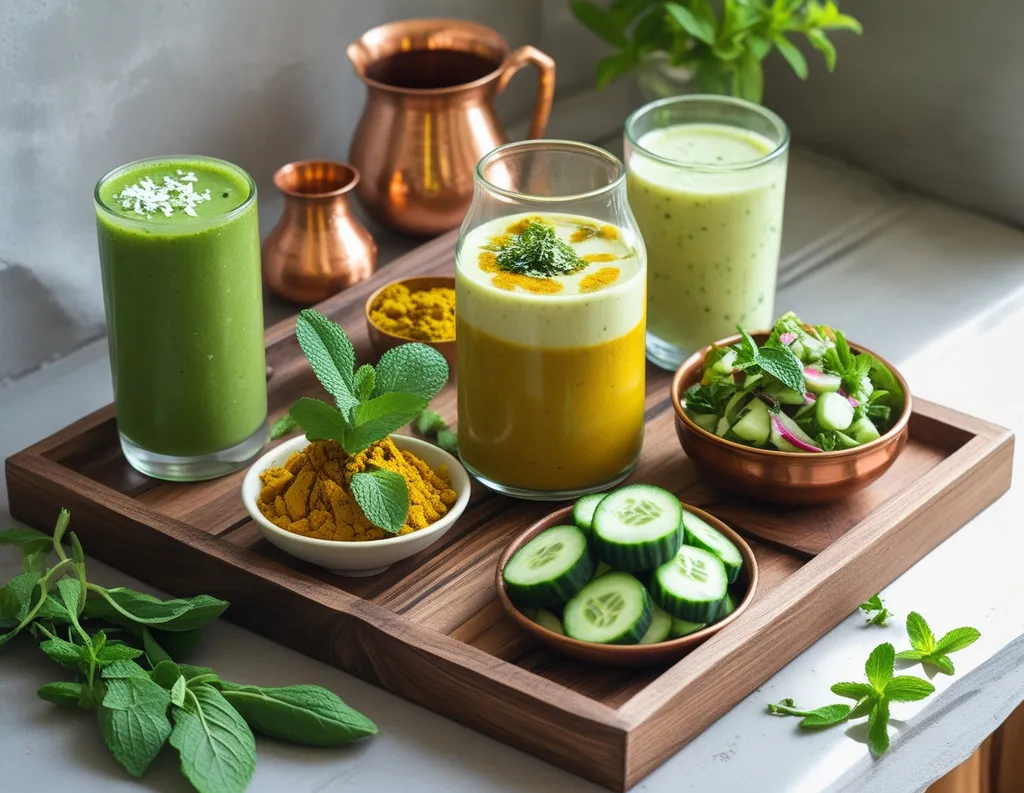 Green smoothies, turmeric drink, cucumber salad, and mint chutney on a natural spring-style sattvic platter.  