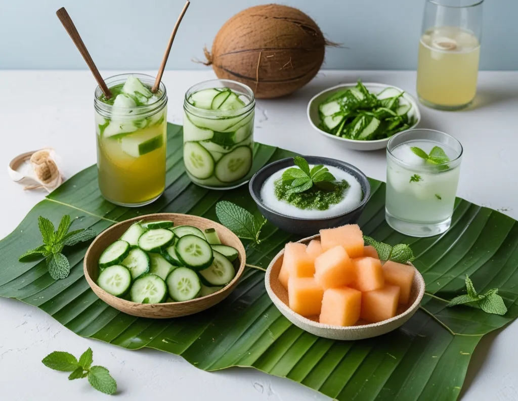 Mint chutney, sabja drink, cucumber salad, and coconut water served on banana leaves for a sattvic summer meal.  