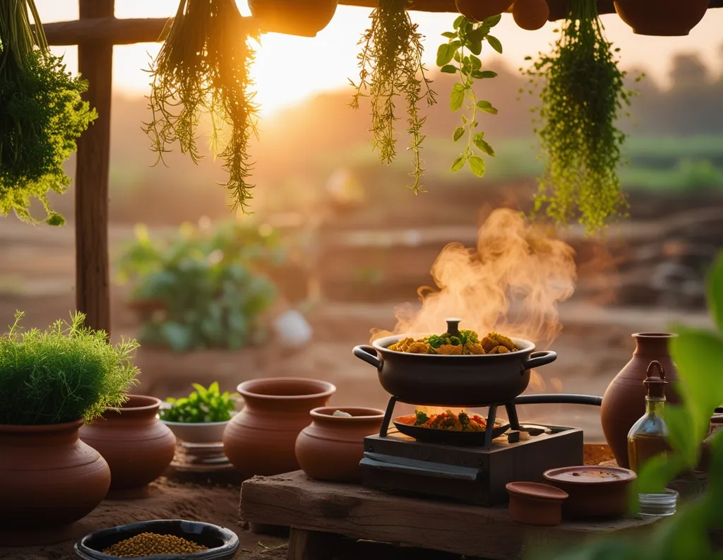 Sunrise light over sattvic Indian kitchen with clay pots and herbs