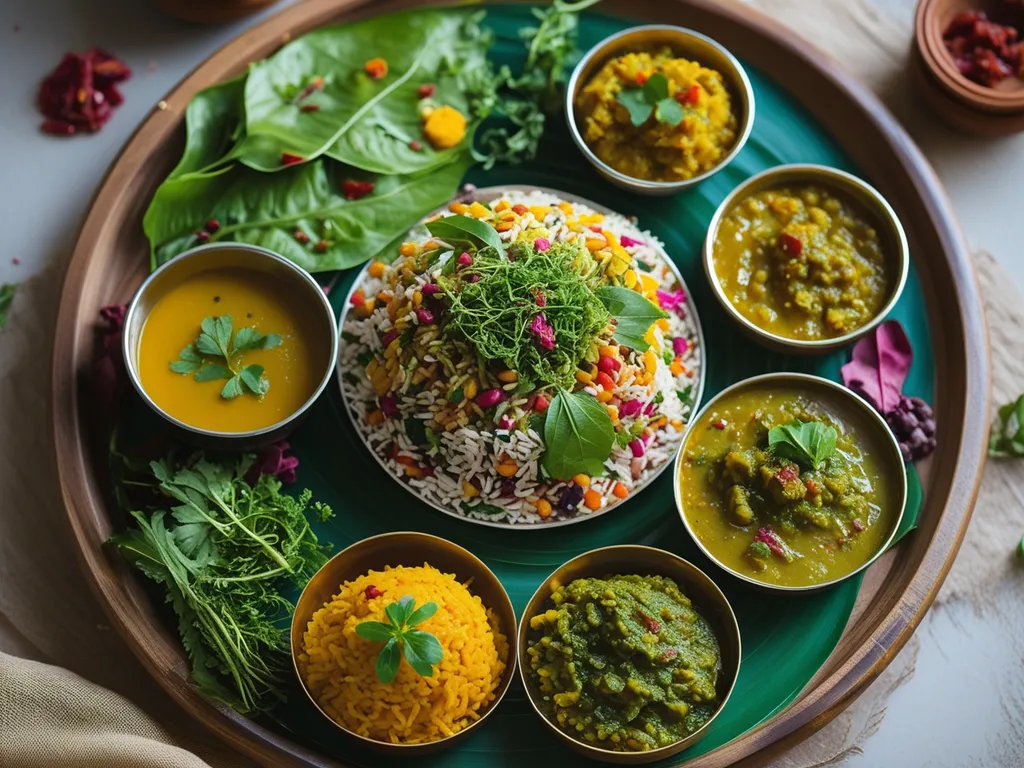 Colorful sattvic thali with sattvic ingredients - grains, greens, and herbs for Ayurvedic balance
