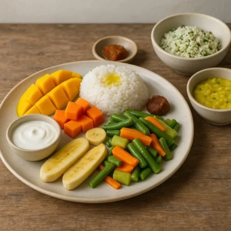 Top view of sattvic food Indian thali with Kitchari, Fruits , Curd, Rice, And Dessert on the Kitchen Shelf