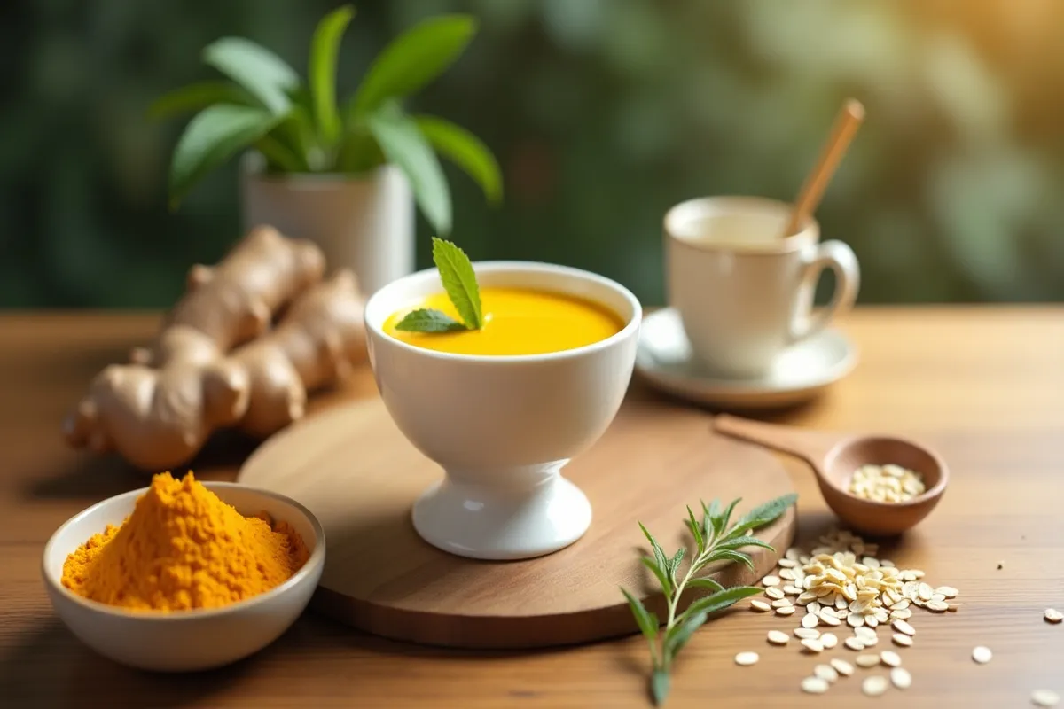 Turmeric tea with ginger and herbs arranged for wellness and inflammation relief