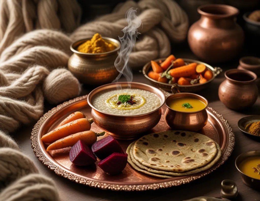 Warm sattvic foods for winter with ragi porridge, ajwain paratha, and ghee-roasted vegetables on a copper plate.  
