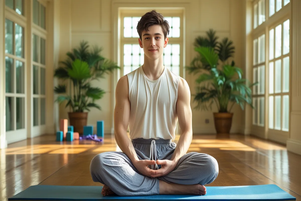 Man sitting cross-legged in a home studio for beginner yoga practice