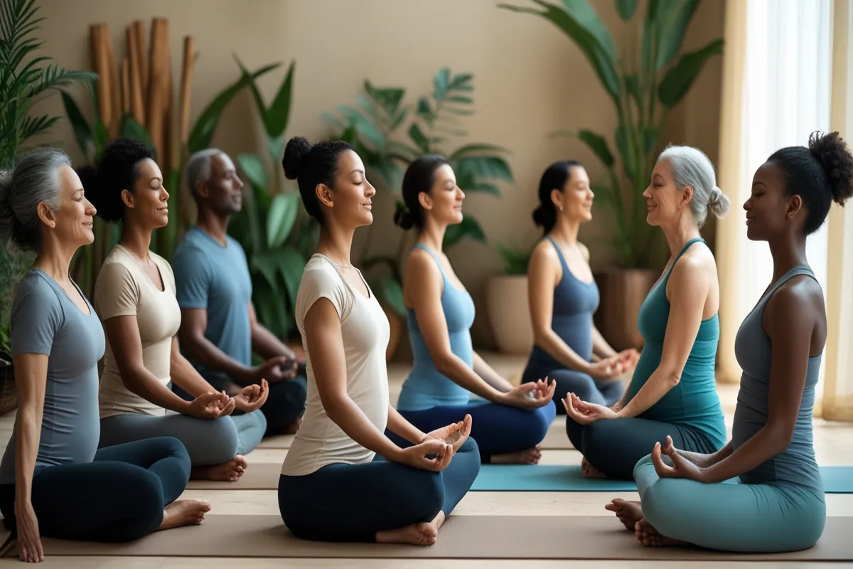 Group of people practicing sattvic yoga in harmony inside studio