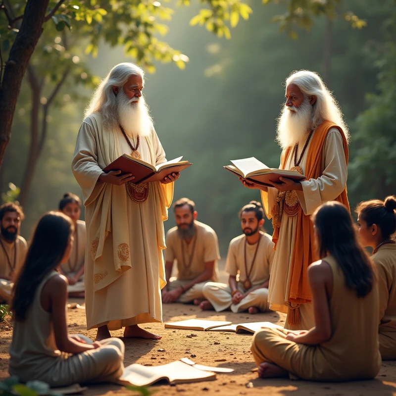 A serene scene of two sages teaching students beneath a sacred tree in an ancient gurukul — nurturing spiritual growth through timeless wisdom and guidance.