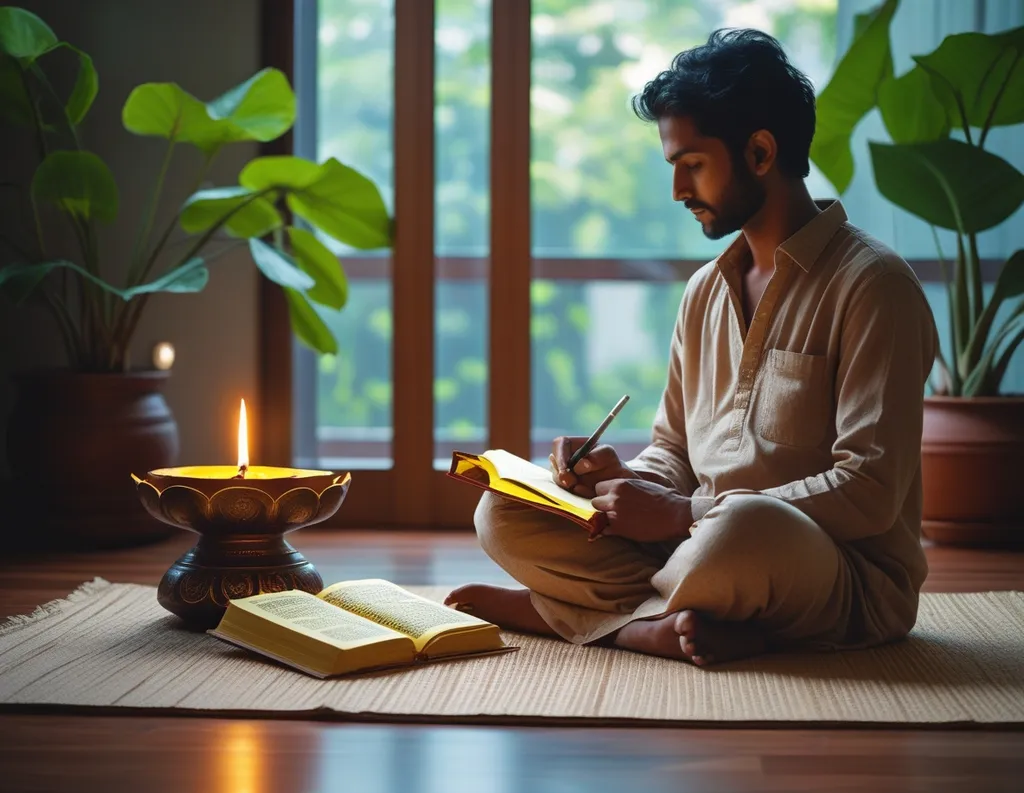 Peaceful sattvic home setup with open Gita and lamp