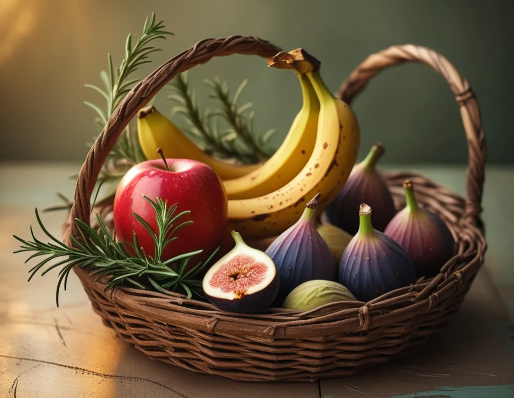 Seasonal sattvic fruits – apples, bananas, and figs