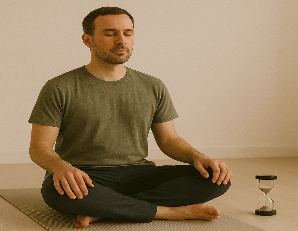 Man meditating cross-legged with timer beside him