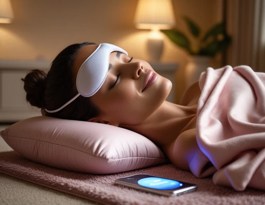 Woman lying with eye pillow listening to sleep meditation
