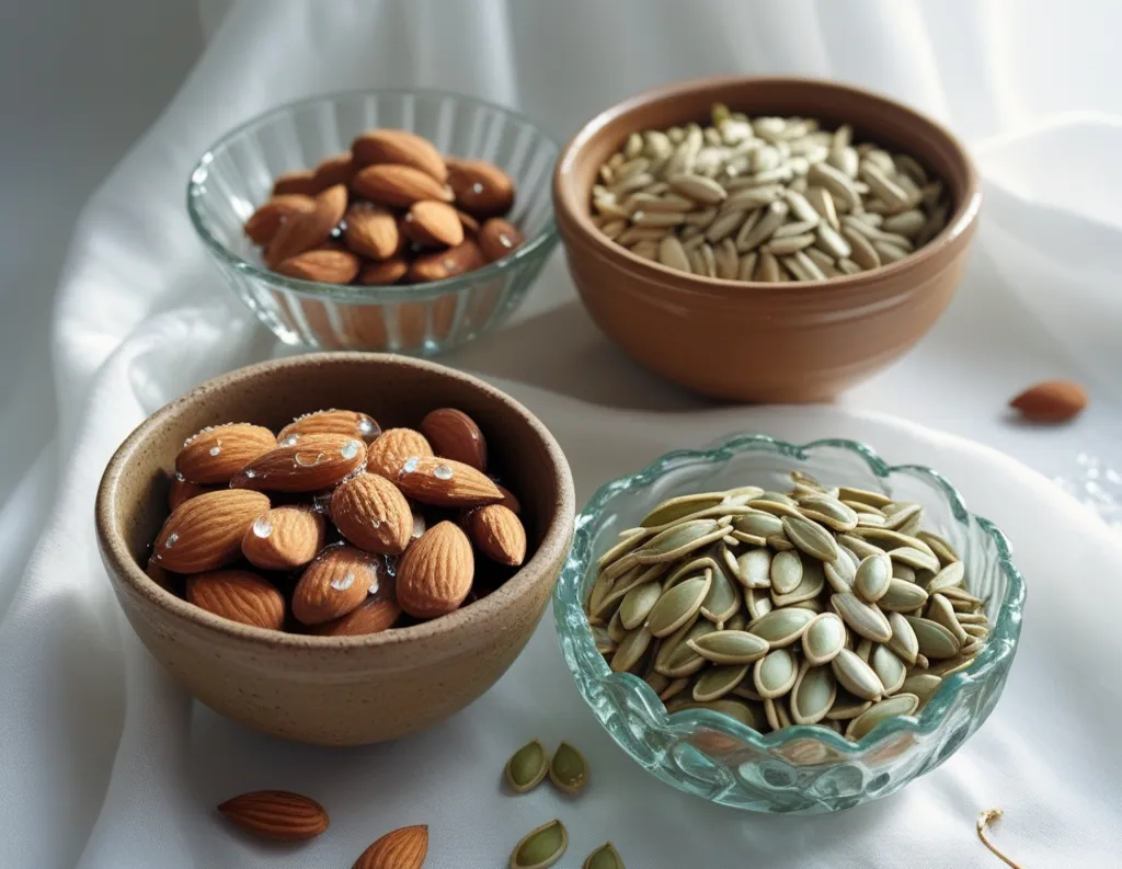 Soaked almonds and sattvic seeds for mindful nutrition