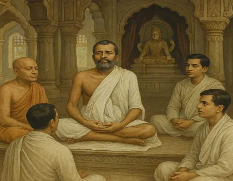 Sri Ramakrishna teachings emphasize the unity of all religions and God-realization, he is in divine joy with disciples inside temple