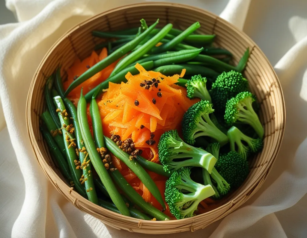 Lightly spiced steamed vegetables for sattvic digestion