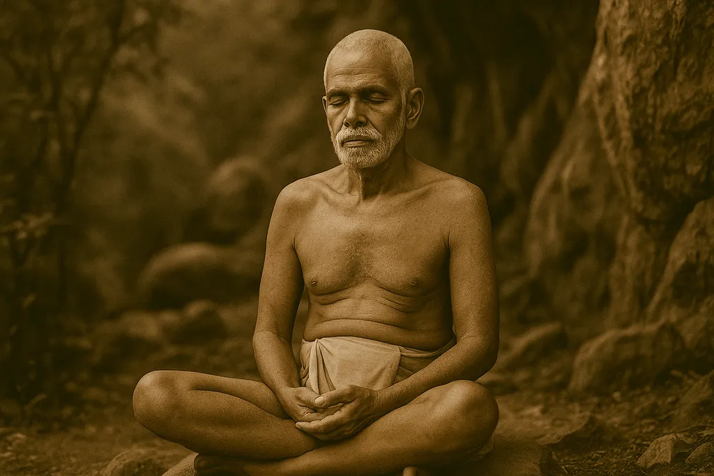 Meditative monk sitting in silence with peaceful expression
