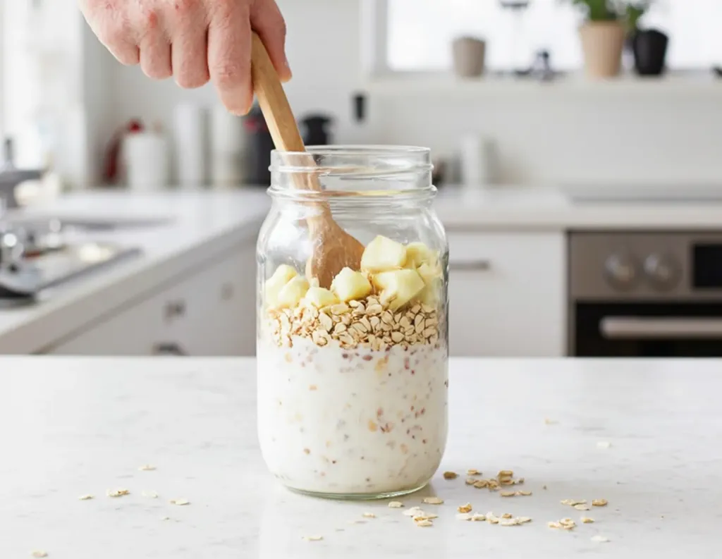 Hand stirring overnight oats mixture with a wooden spoon