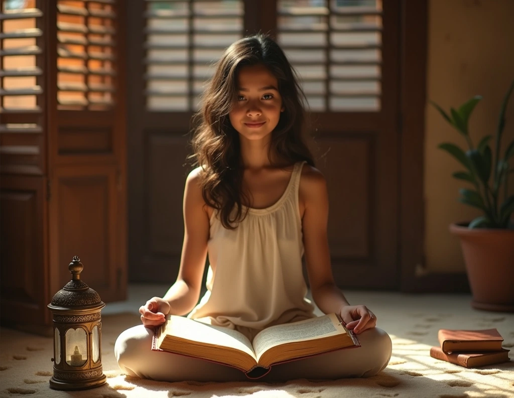 Young person studying Vedantic philosophy text