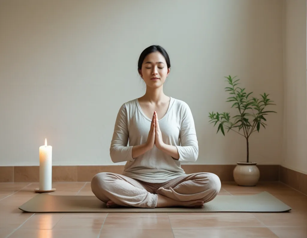 Beginner practicing anjali mudra yoga pose in morning.
