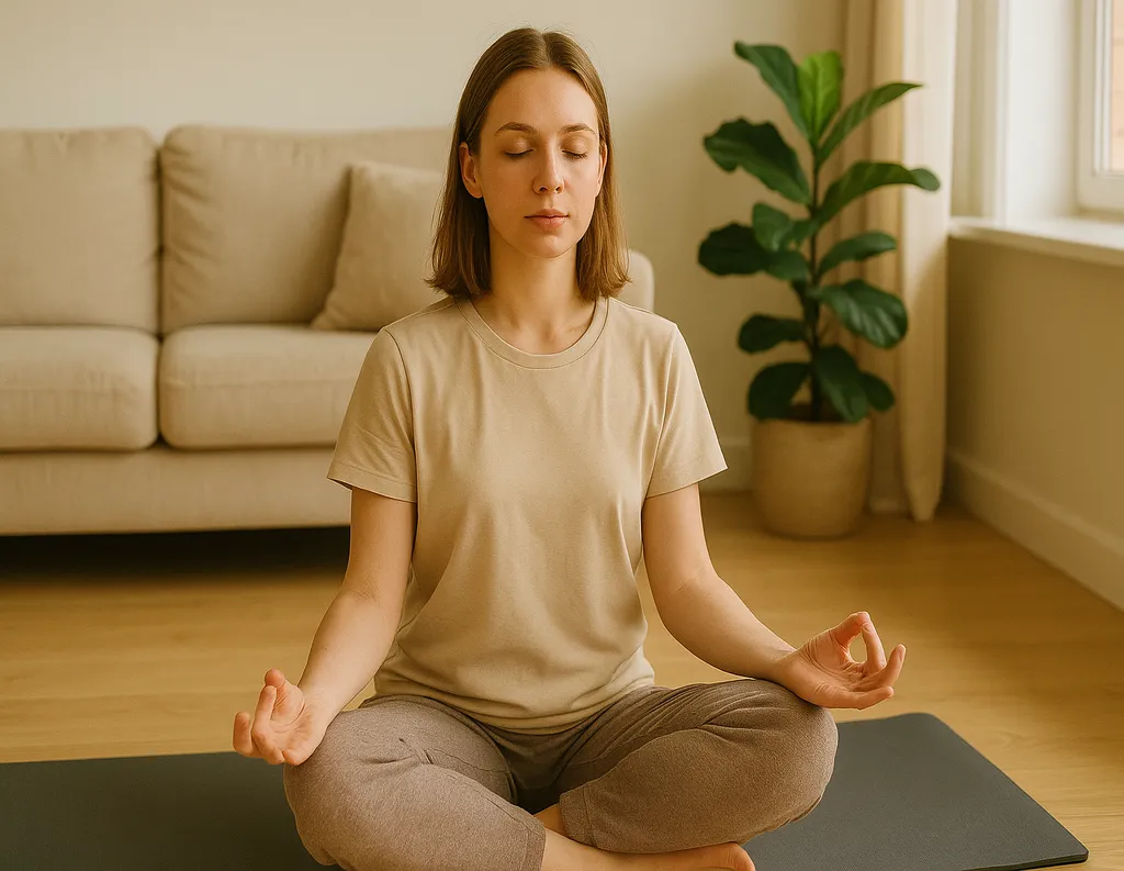 Sukhasana pose with hands in meditative mudra as yoga for beginners