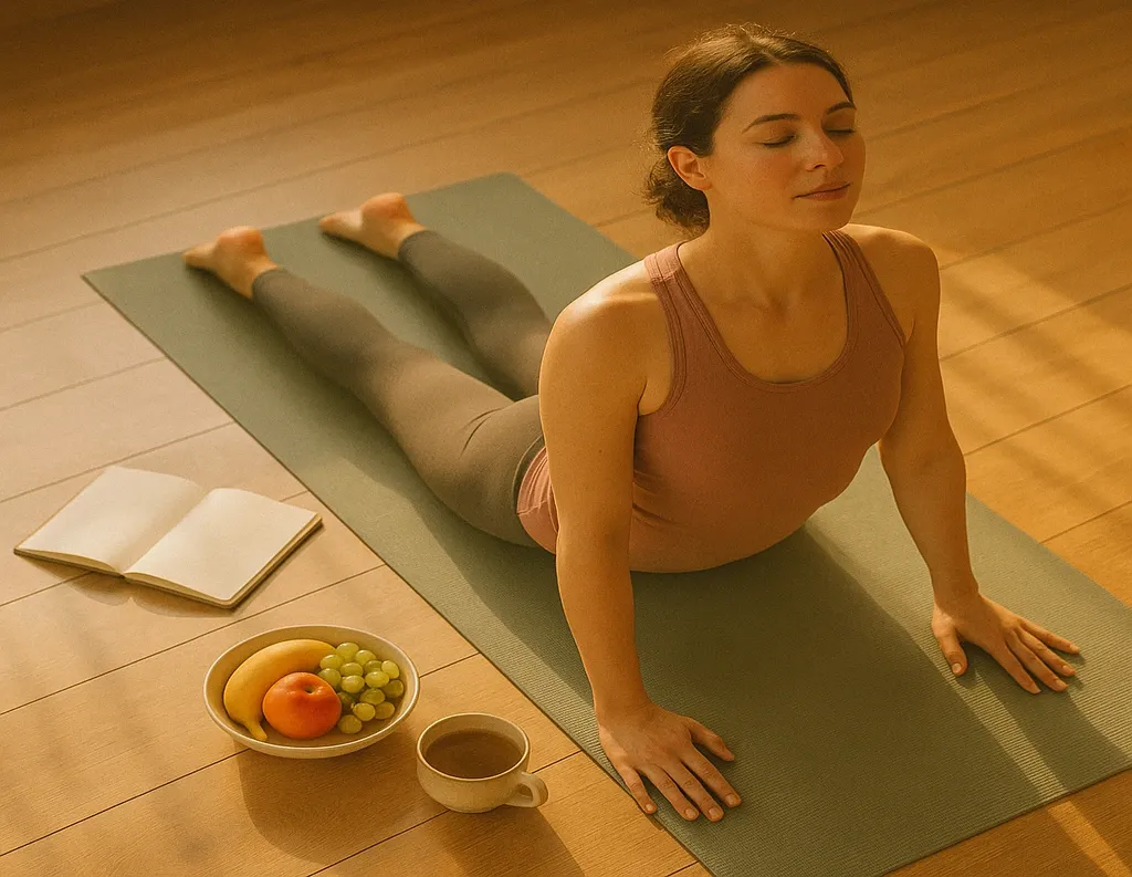 Morning yoga with journal and sattvic breakfast bowl