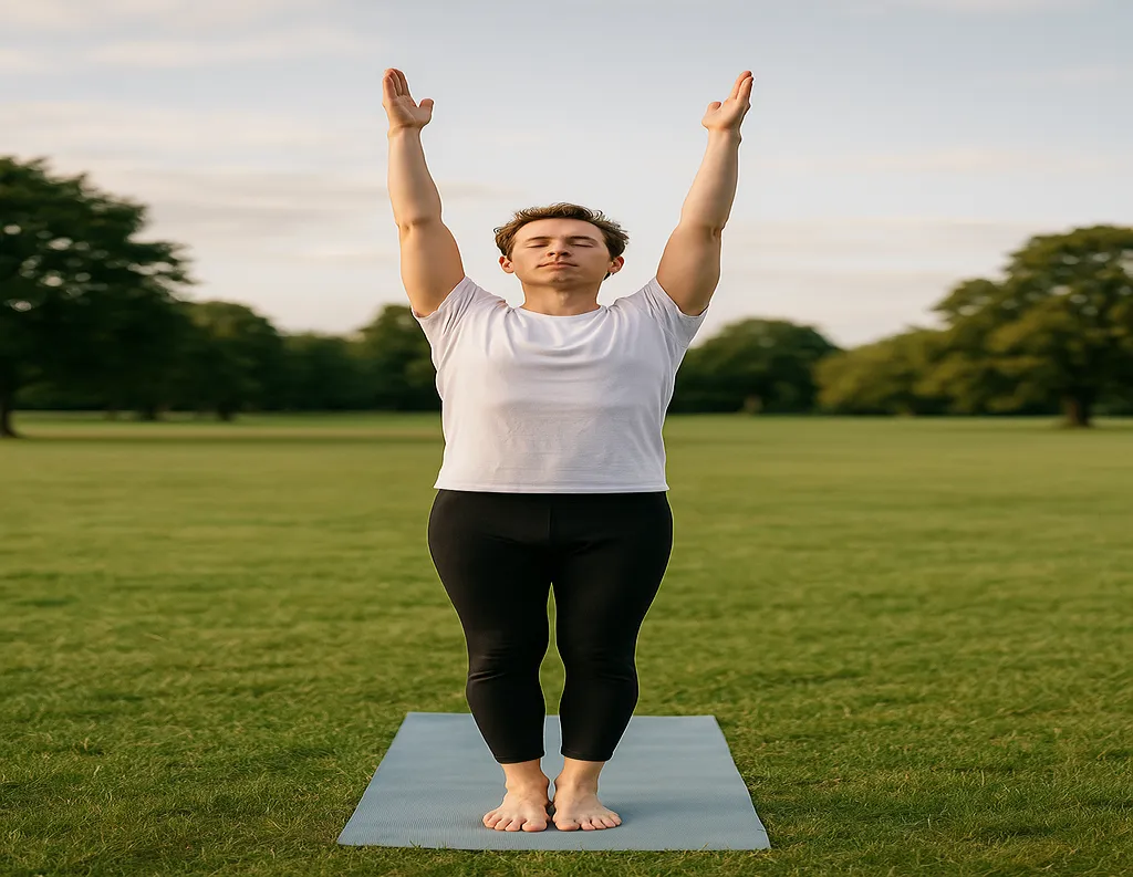 Man practicing Tadasana yoga pose in open
