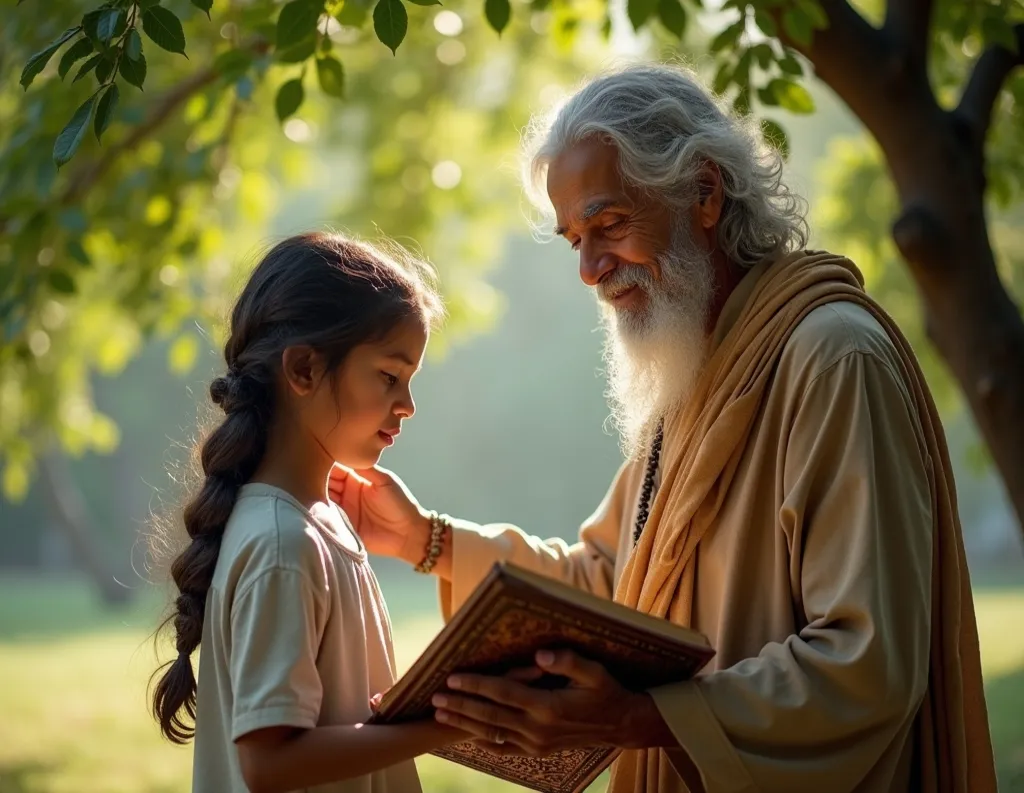 Teacher and child exploring Gita teachings in nature as a part of holistic education
