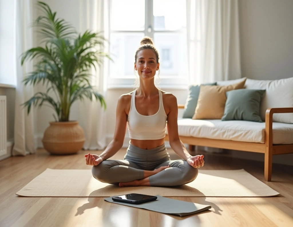 Woman doing yoga with phone turned off for mindful routine
