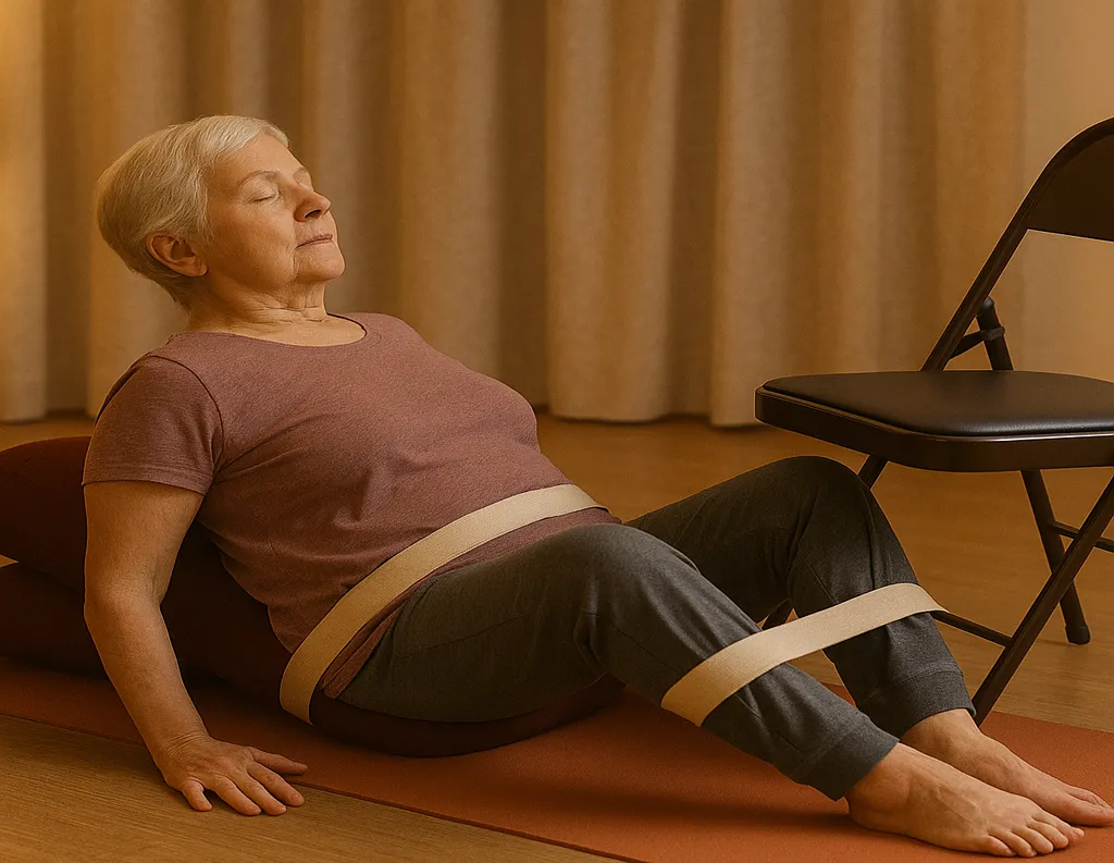 Senior person doing therapeutic yoga with props