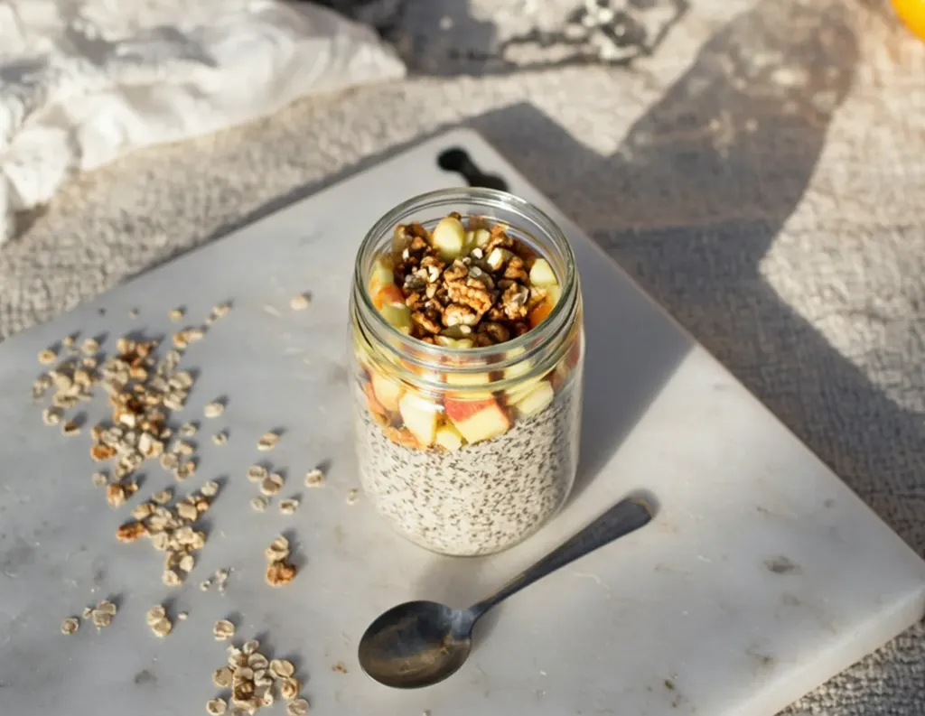 Overnight oats topped with almonds, walnuts, and apple slices