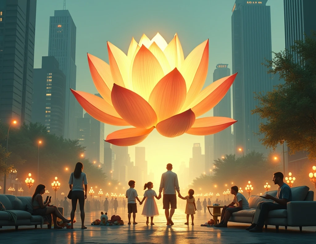 Lotus overlay on city scene symbolizing Vedantic harmon