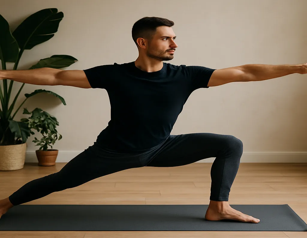 Man in Warrior II pose with strong arms and mental focus