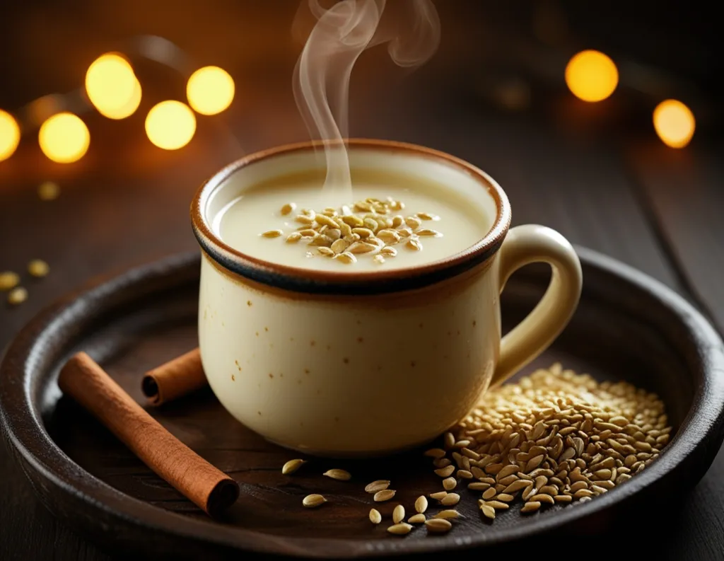 Warm sesame milk with cardamom for wellness and calm