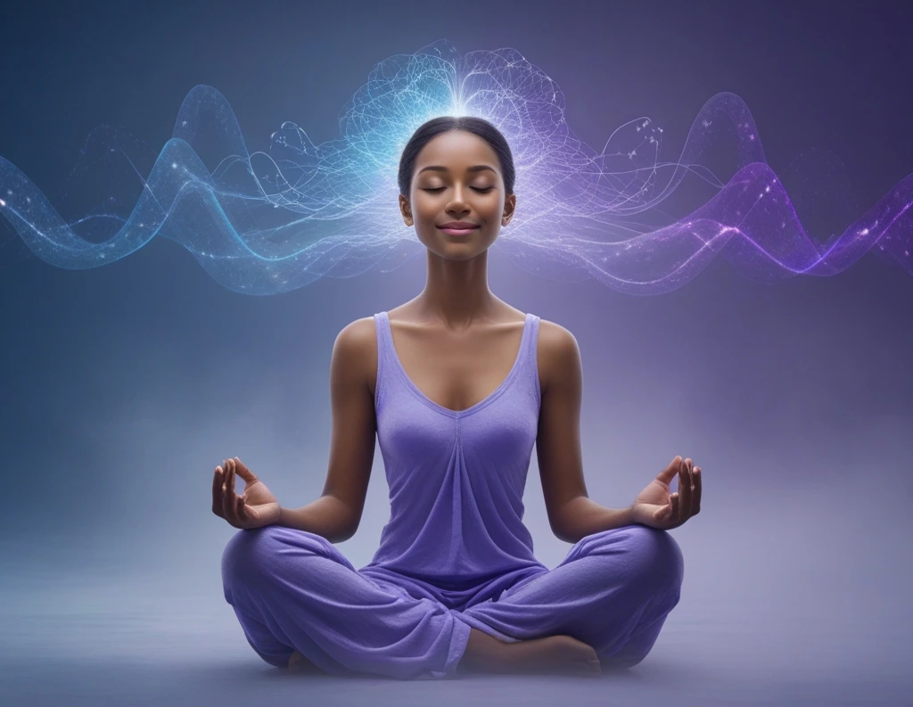 Woman in Mindfulness Meditation with glowing brainwave and neural overlay