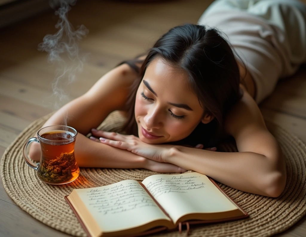 Gentle yoga with open journal and herbal tea beside mat  