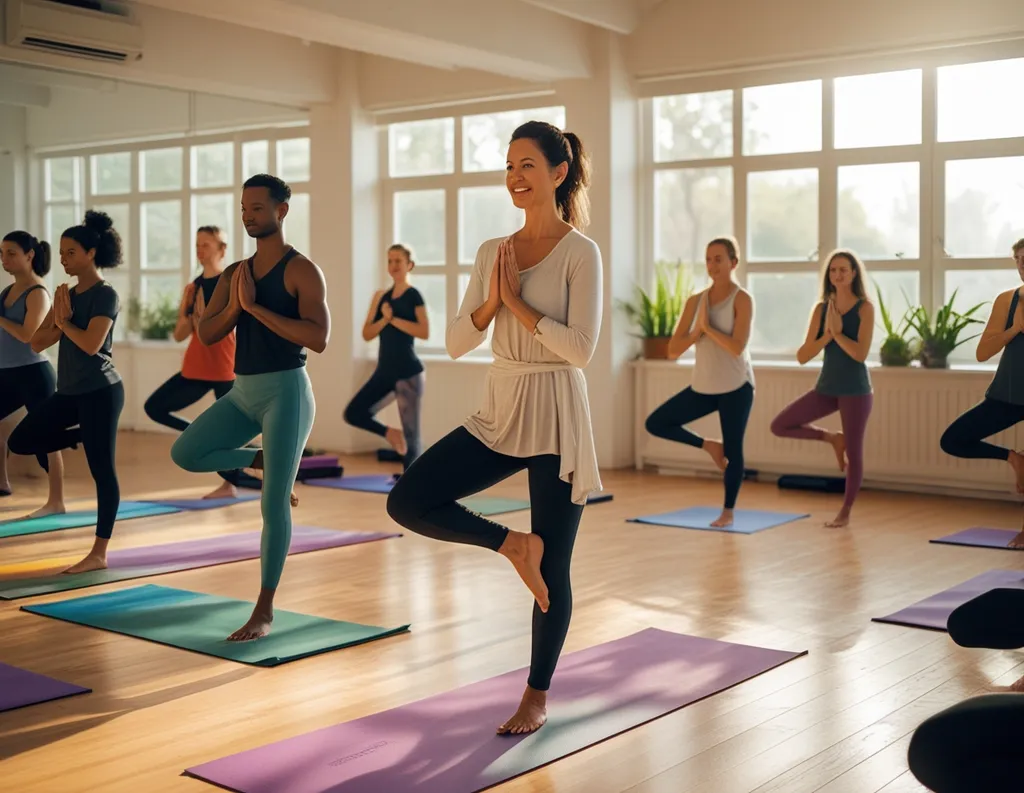 Yoga instructor guiding beginners in standing poses