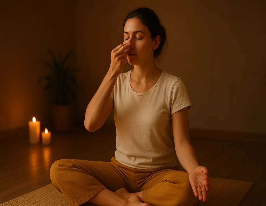 Yogini practicing Anulom Vilom with alternate nostril breathing